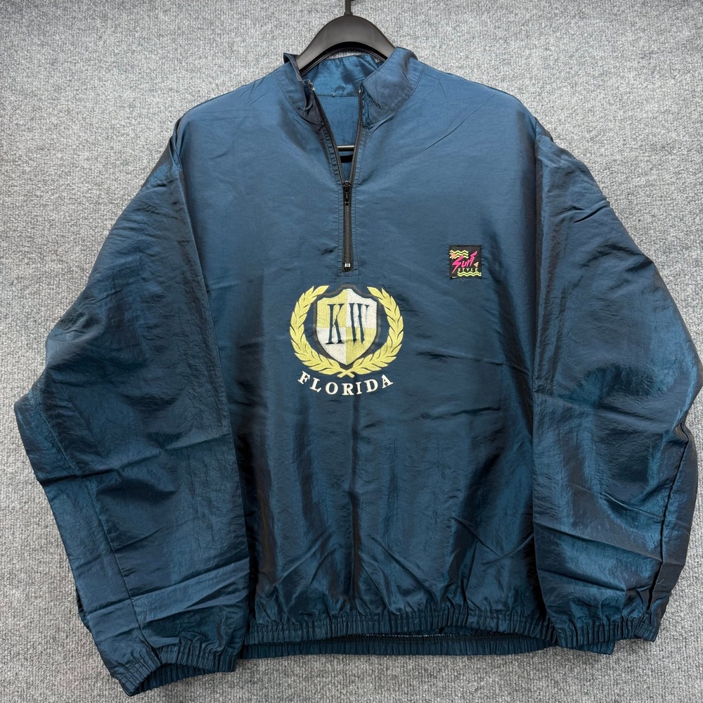 Vintage KW‎ Florida Surf Style Quarter Zip Windbreaker Jacket Men's Blue